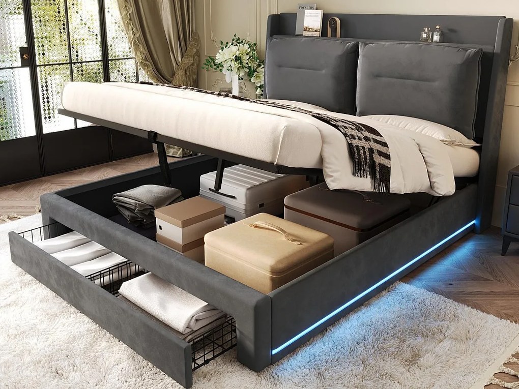 Łóżko z tapicerowanym welurem - 160x200 cm - 2 szuflady na końcu łóżka - wbudowana taśma LED w nogach łóżka - Szary (bez materaca)