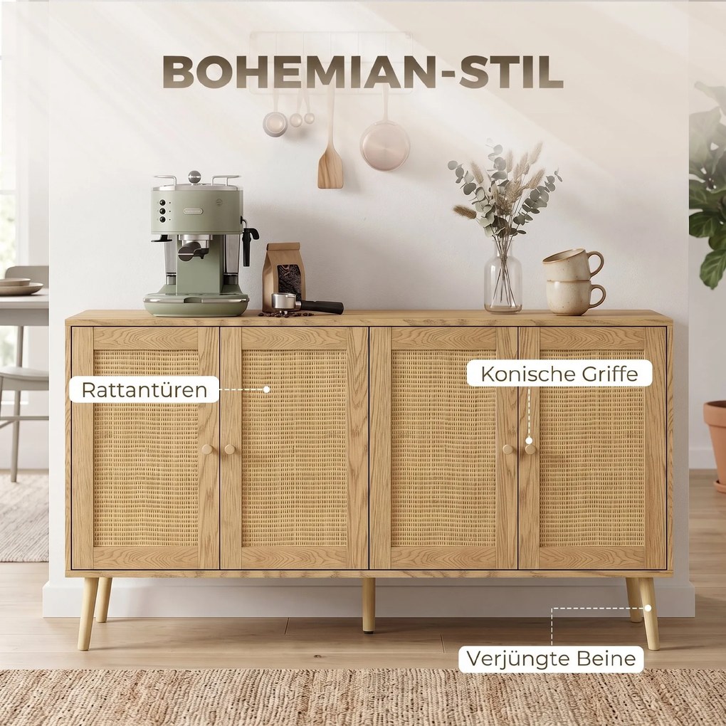 HOMCOM Rattanowa komoda z 4 drzwiami, boho bufet kuchenny z 2 regulowanymi półkami, naturalny wygląd drewna | Aosom PL