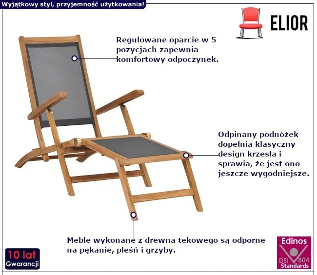 Leżak ogrodowy z podnóżkiem czarny - Wioona