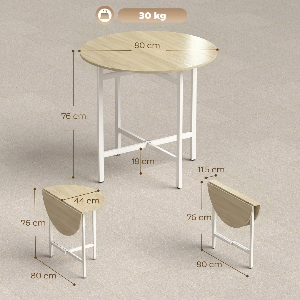 HOMCOM Składany stół do jadalni, okrągły stół o średnicy 80 cm z ramą stalową, miejsce dla 2-4 osób, wygląd naturalnego drewna | Aosom PL