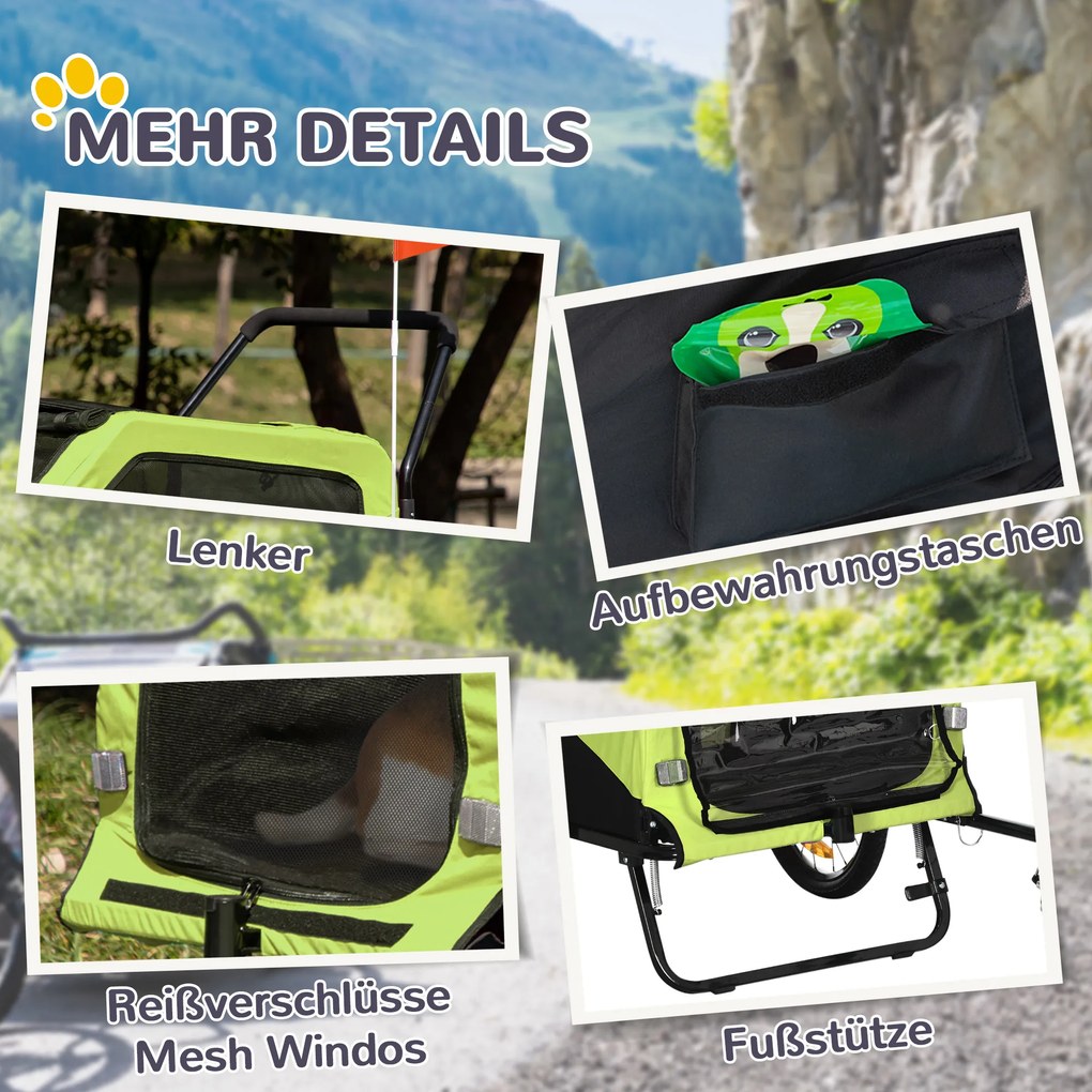 PawHut 2w1 Przyczepa dla psów, funkcja przekształcania, 2 wejścia, okna z siatki, osłona przeciwsłoneczna, rama ze stali, zielona, 170 x 77 x 90 cm