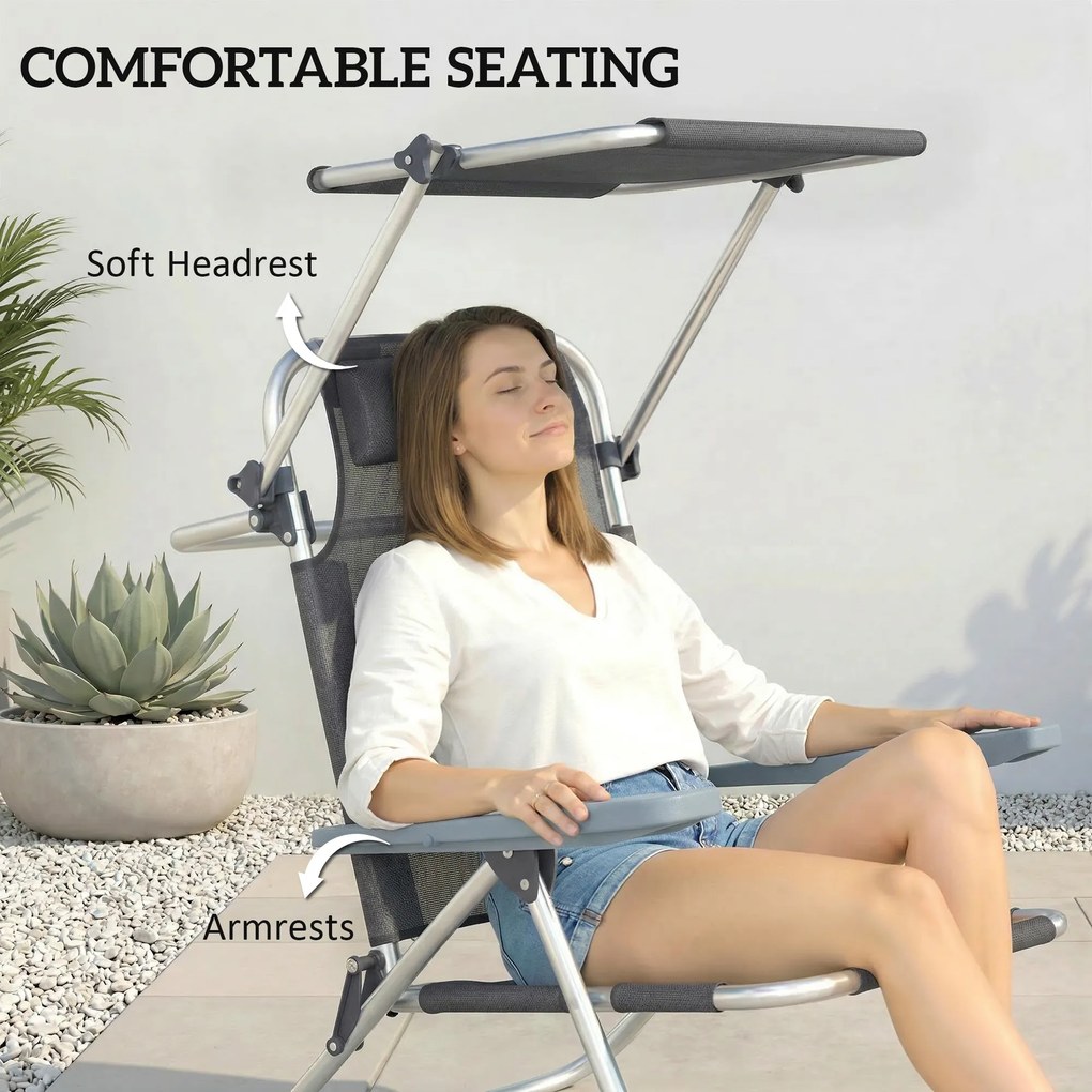 Outsunny Składany leżak ogrodowy z poduszką, regulowanym daszkiem i 6-stopniową regulacją oparcia, 62 x 68 x 79 cm, ciemnoszary | Aosom PL