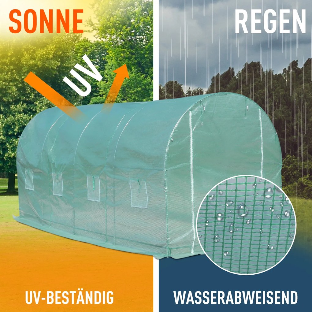 Szklarnia Outsunny 500x200x205cm, Tunel foliowy do pomidorów, Drzwi z moskitierą, Okna, Tunel foliowy ze stali ocynkowanej, Stabilny tunel do uprawy roślin, Szklarnia w komplecie z kotwami do ziemi i linami, Zielony