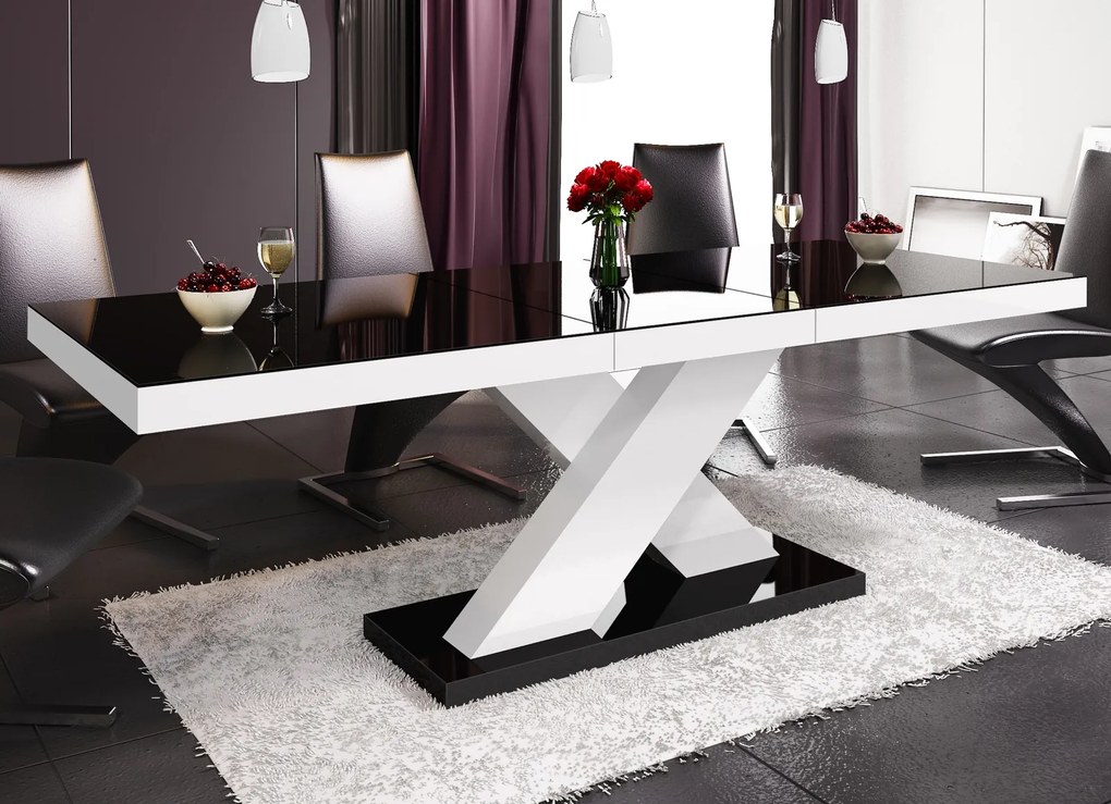 Stół rozkładany w wysokim połysku Xenon z czarnym blatem na białej nodze