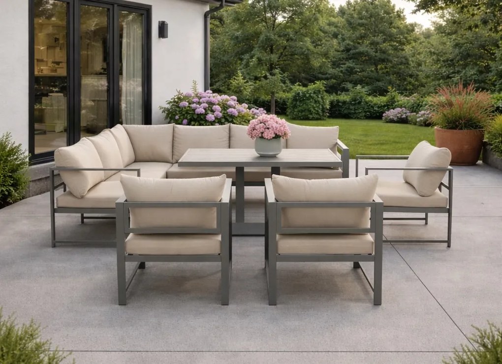 Narożnik ogrodowy Bellagio 001 z fotelami i stołem, szary, poduszki beżowe