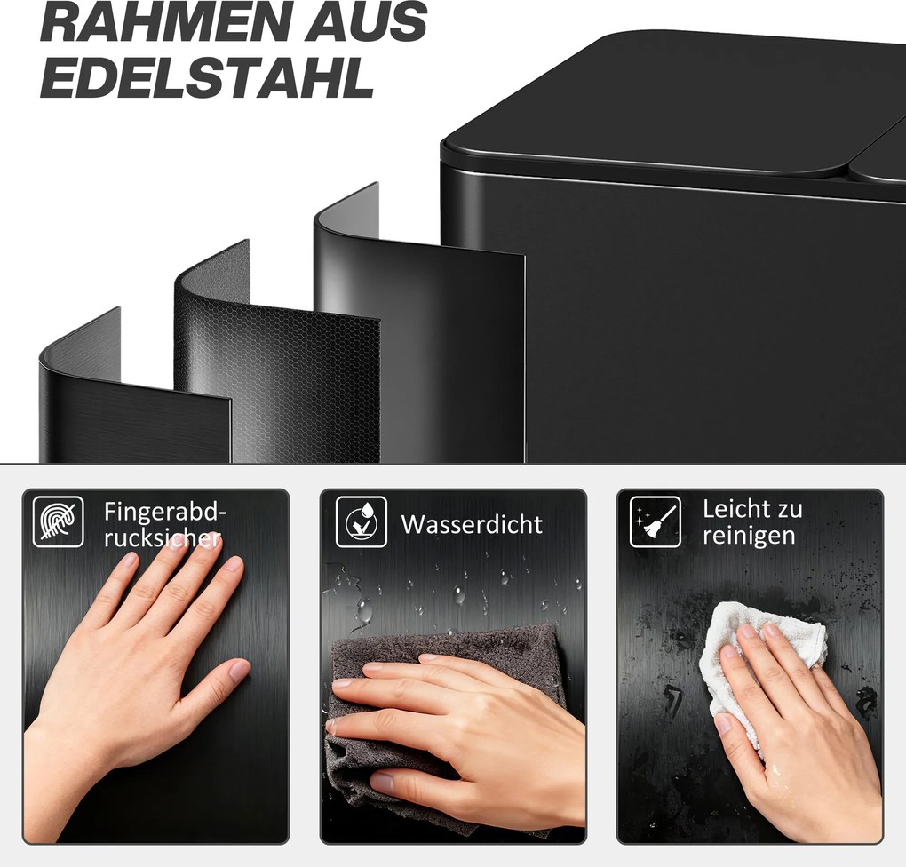 HOMCOM Kosz na śmieci z 3 x 20 L komorami, pokrywami dezodorantowymi, odporny na odciski palców, soft-close, wyjmowany, czarny