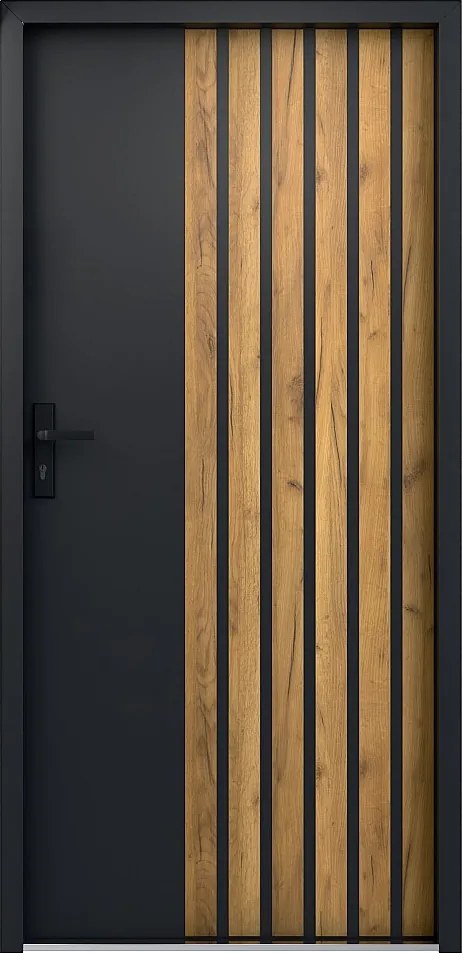 Drzwi zewnętrzne pełne ze stali wys. 207 x szer. 100 cm - Czarny i pasy imitujące drewno - lewe otwierane do wewnątrz - COBRITA