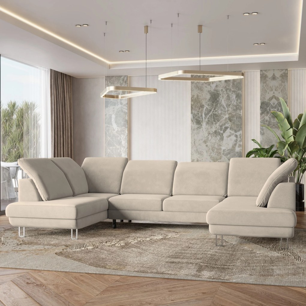 Masseno Narożnik TERAMO z funkcją spania i pojemnikiem na pościel Narozniki U, Rozkładana sofa - Kremowy, MONOLITH 04