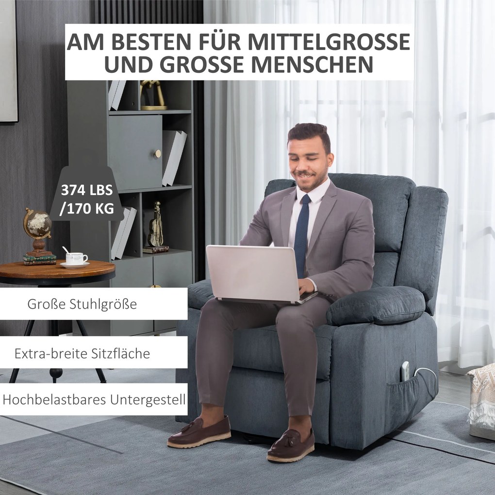 HOMCOM Fotel relaksacyjny z funkcją podnoszenia i pilotem welur szary 92x93x105 cm | Aosom PL
