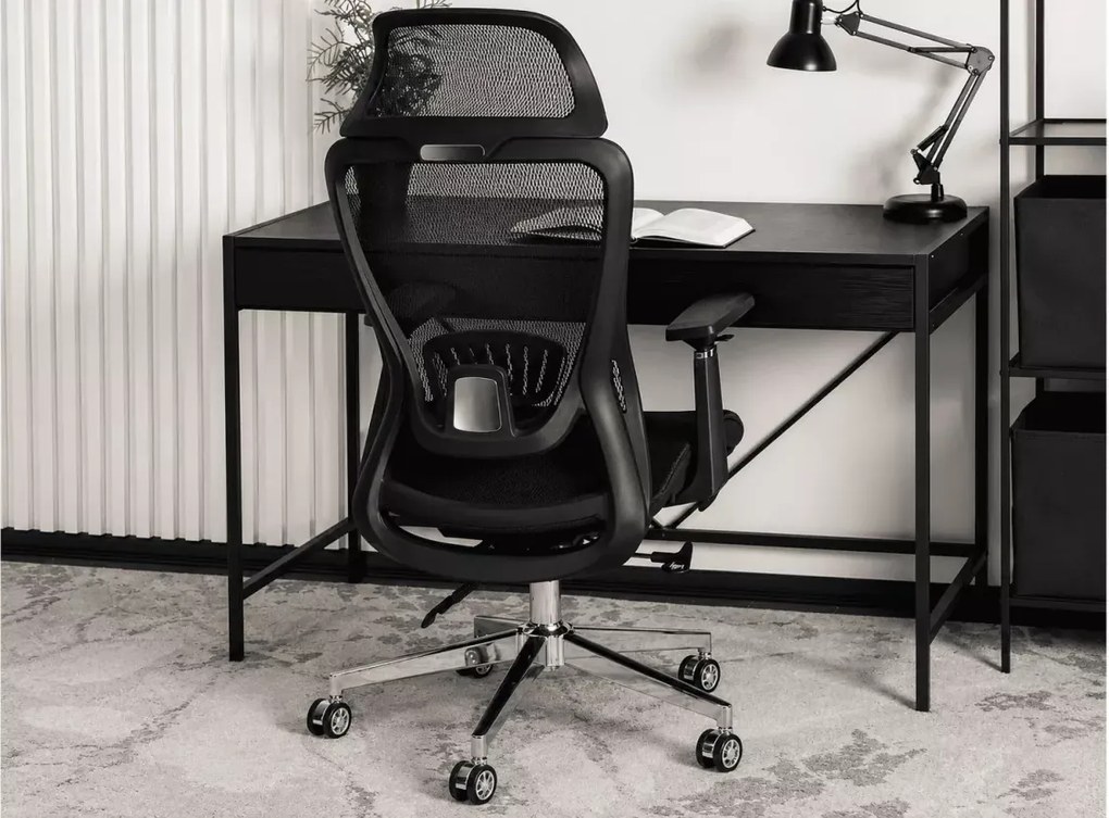 Fotel obrotowy Valles – ergonomiczny czarny fotel biurowy z regulowanym zagłówkiem