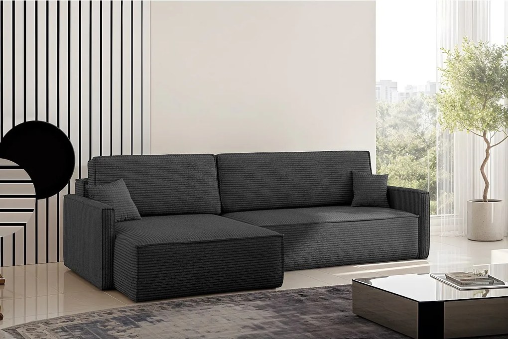 Narożnik z funkcją spania i pojemnikiem w kształcie L Carlos, tkanina Poso, Grafitowy, Lewy