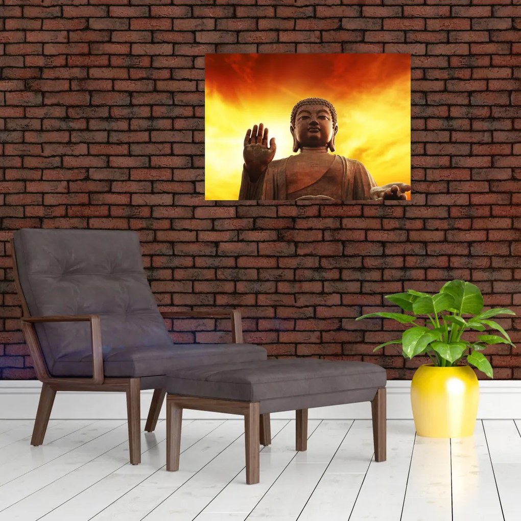 Obraz na szkle - Budda z czerwonym i żółtym tłem (70x50 cm)