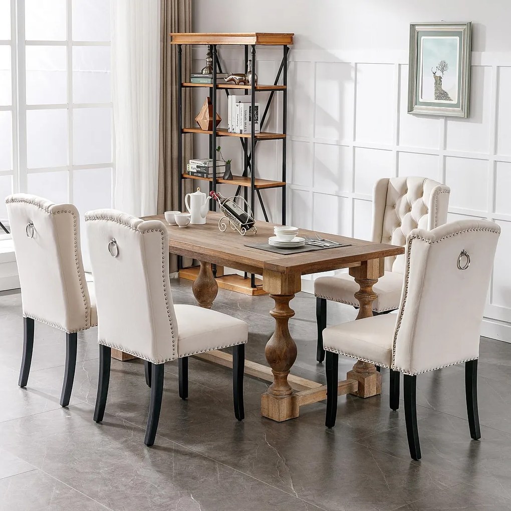 Zestaw 4 krzeseł do jadalni z aksamitu - 49 x 61 x 100 cm - nogi dębowe - do sypialni i salonu - beżowe