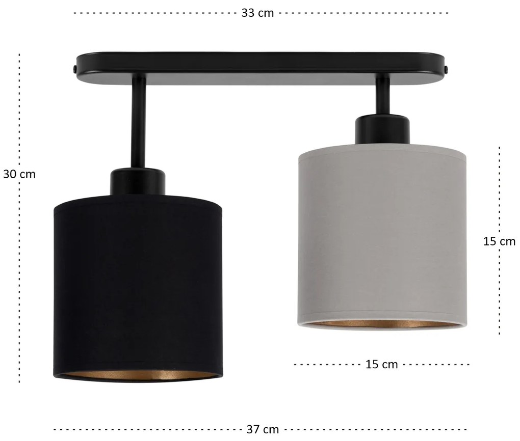 Lampa sufitowa czarna dwupunktowy spot z szaro-czarnymi abażurami C-33