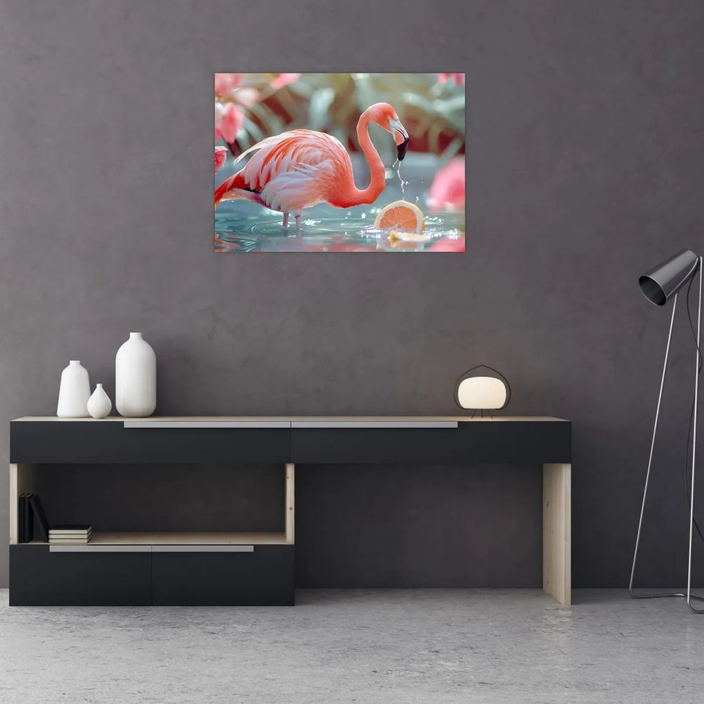 Obraz - Flaming w stawie (70x50 cm)