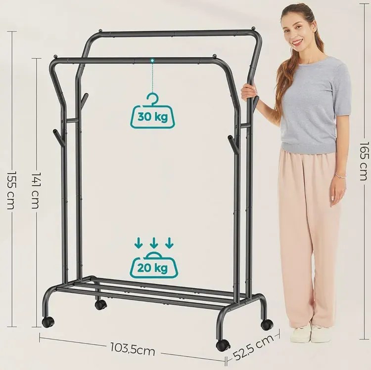 Czarny mobilny stojak na ubrania z półką - Habi