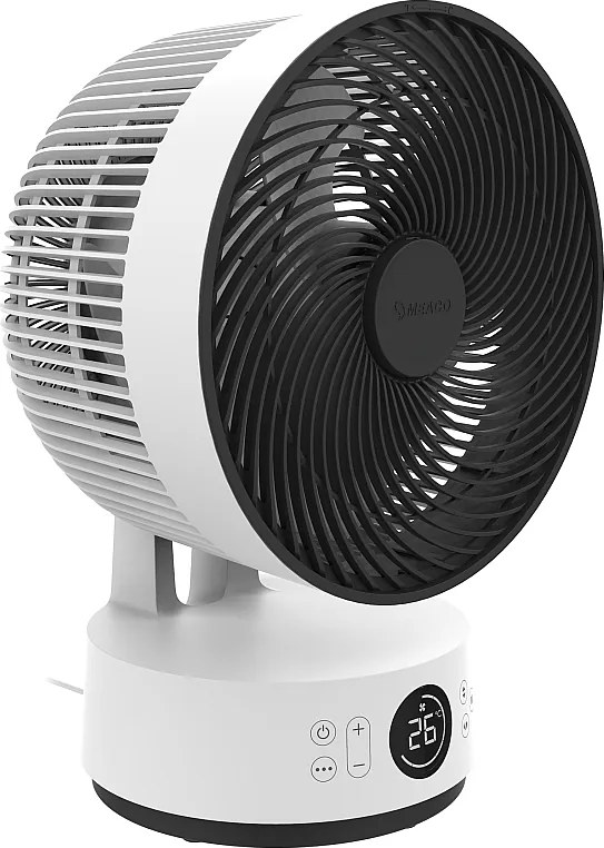 Cichy wentylator stołowy MEACO MeacoFan Sefte 10", silnik bezszczotkowy, oscylacja H/V i podświetlany biały pilot.