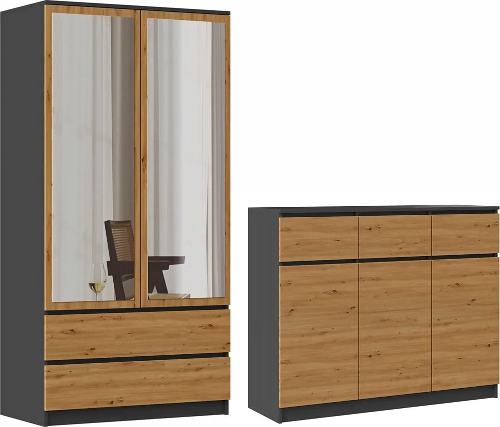 Industrialny zestaw komoda i szafa antracyt + dąb artisan B2-G07