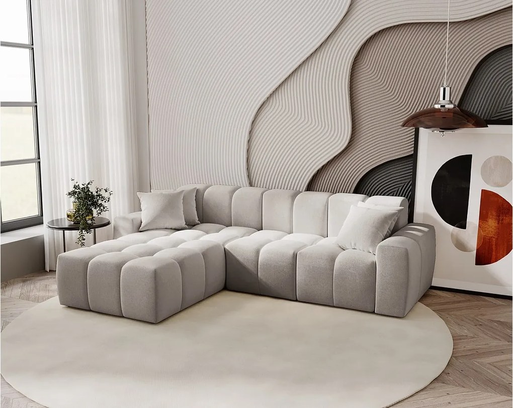 Emporius Napoli narożnik do salonu - gruba pianka, miękki narożnik w nowoczesnym stylu - lewostronny, tkanina aksamitna, jasny szary (Komodo 20)