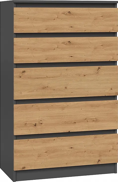 Komoda Malwa M5 | Antracyt/Dąb Artisan | 70x40x109,5 cm | Komoda z 5 Szufladami