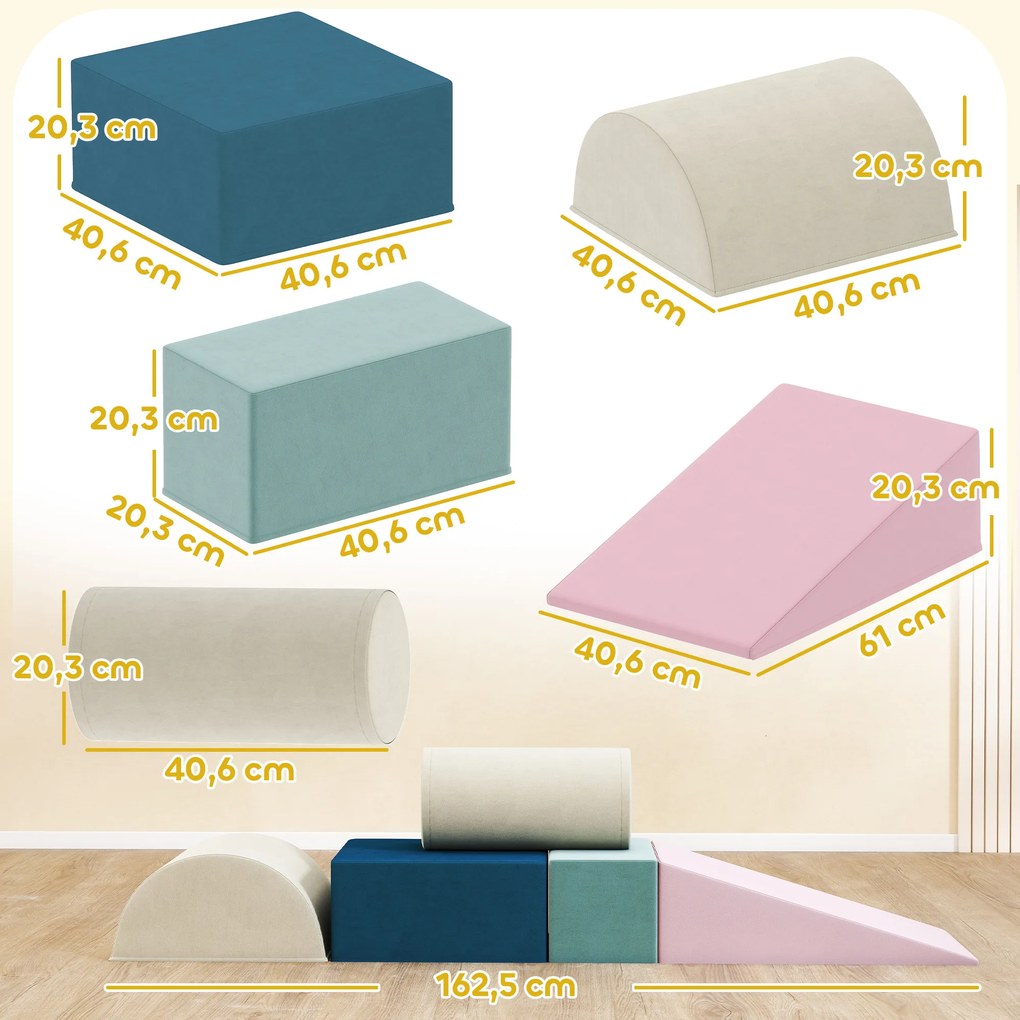 AIYAPLAY Zestaw zabawkowy z 5 blokami piankowymi dla dzieci z odpinanymi pokrowcami, psychomotorycznymi blokami do wspinania i raczkowania, wielokolorowy