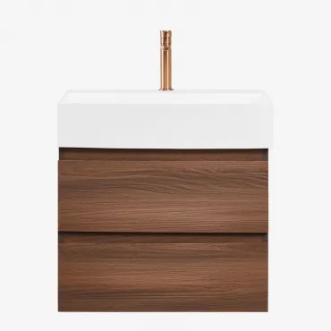 Zestaw Wiszących Mebli Łazienkowych Z Drewna I Forniru Jesionowego Zintegrowany Z Umywalką Ona Ciemna - Sklum