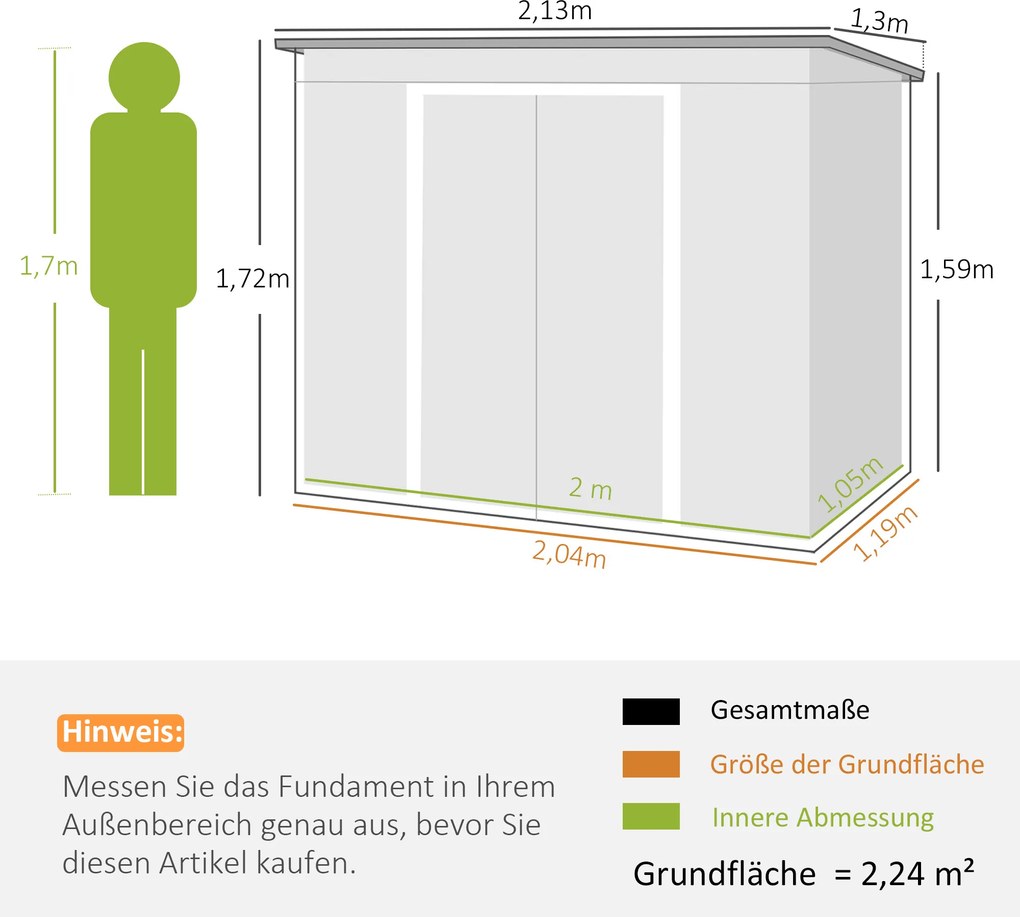 Outsunny Schowek na Narzędzia Ogrodowe, z Oknami Wentylacyjnymi, Drzwi Przesuwne, Ocynkowana Stal, 213 x 130 x 159 cm, Zielony