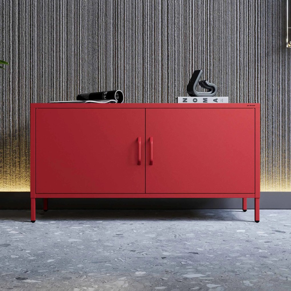 Szafka RTV metalowa na nóżkach czerwona, 1150x595x400 mm: ROSA Modern