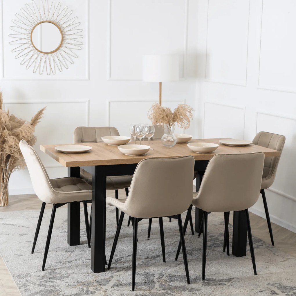Zestaw Stół Rozkładany SKUBI 120-160 cm Dąb Craft/Czarny i 6 Krzeseł Tapicerowanych CHRIS Beżowych Nowoczesnych