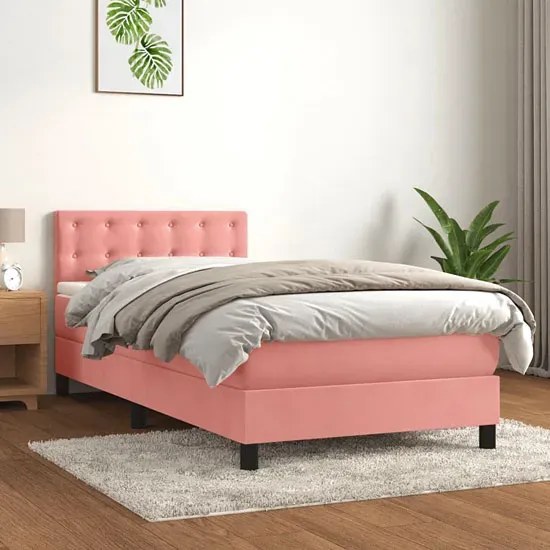 Aksamitne różowe łóżko kontynentalne z materacem 90x200 G6-R43