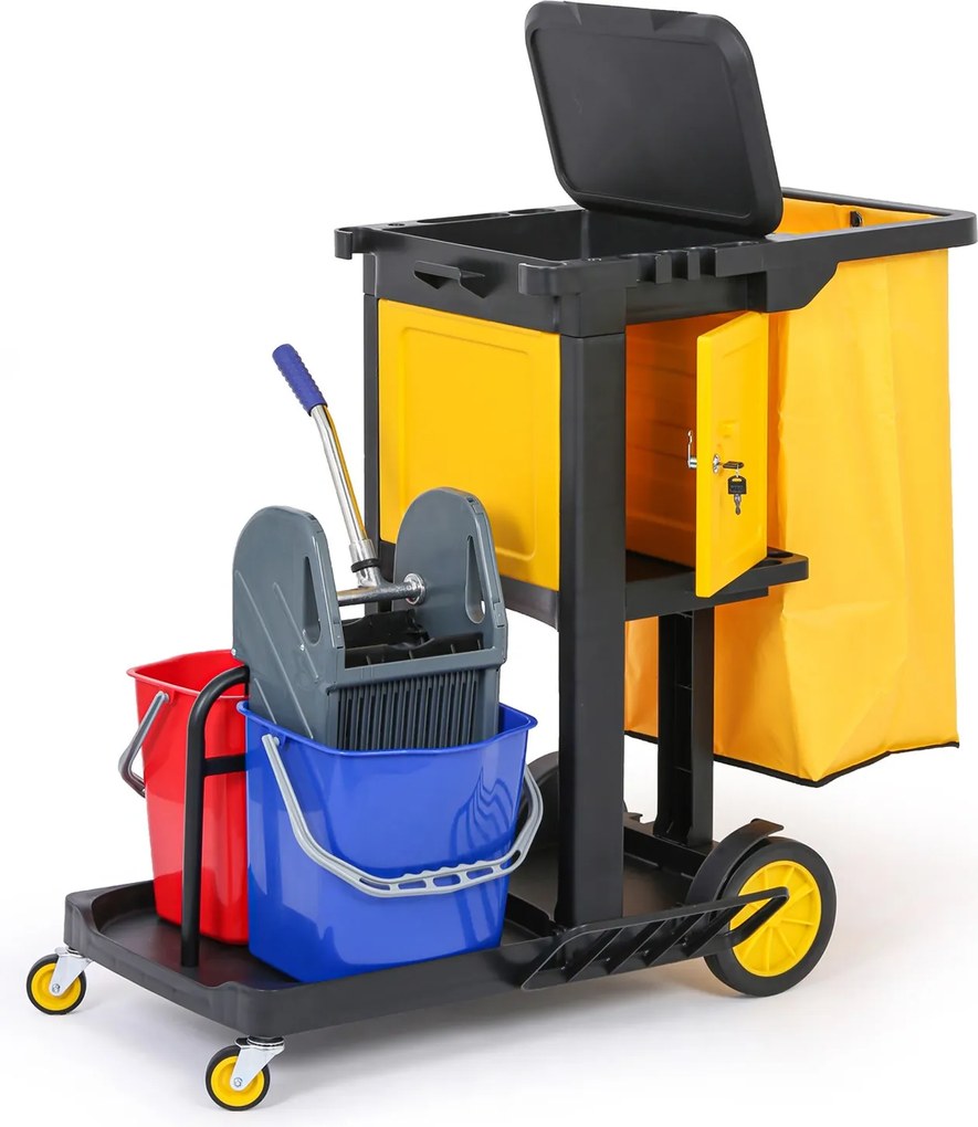 Profesjonalny wózek sprzątający z 2 wiadrami, uchwytami na mopy, szafką i workiem z pokrywą, 1120 × 710 × 990 mm