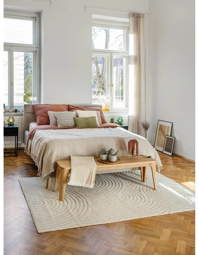 Beżowe tapicerowane łóżko dwuosobowe ze schowkiem ze stelażem 140x200 cm Lotte – Meise Möbel