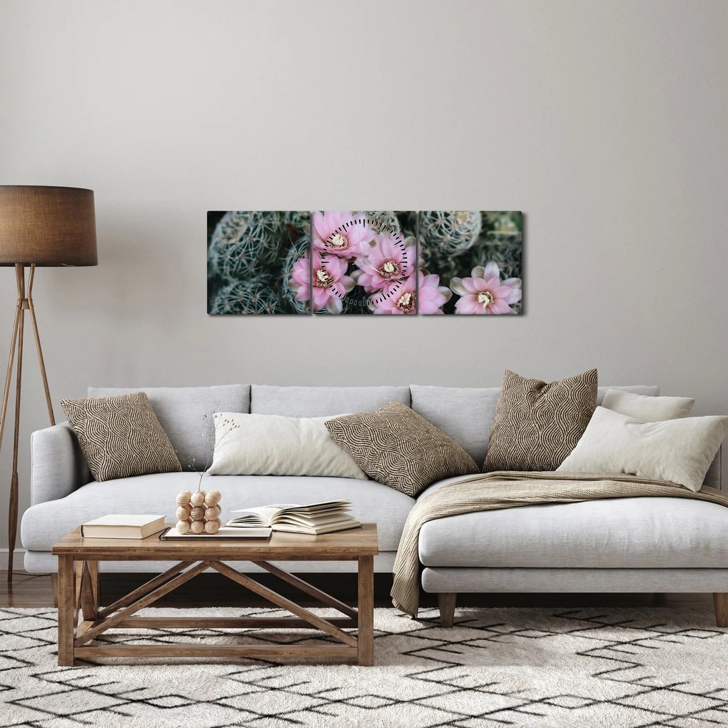 Obraz kwiatu kaktusa (z zegarem) (90x30 cm)
