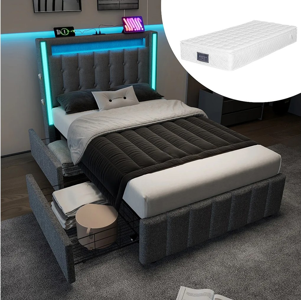 Łóżko tapicerowane z pojemnikiem dla młodzieży - 90 x 200 cm - Materac + LED-y + 2 szuflady + Zagłówek z USB - Tkanina lniana - Szary