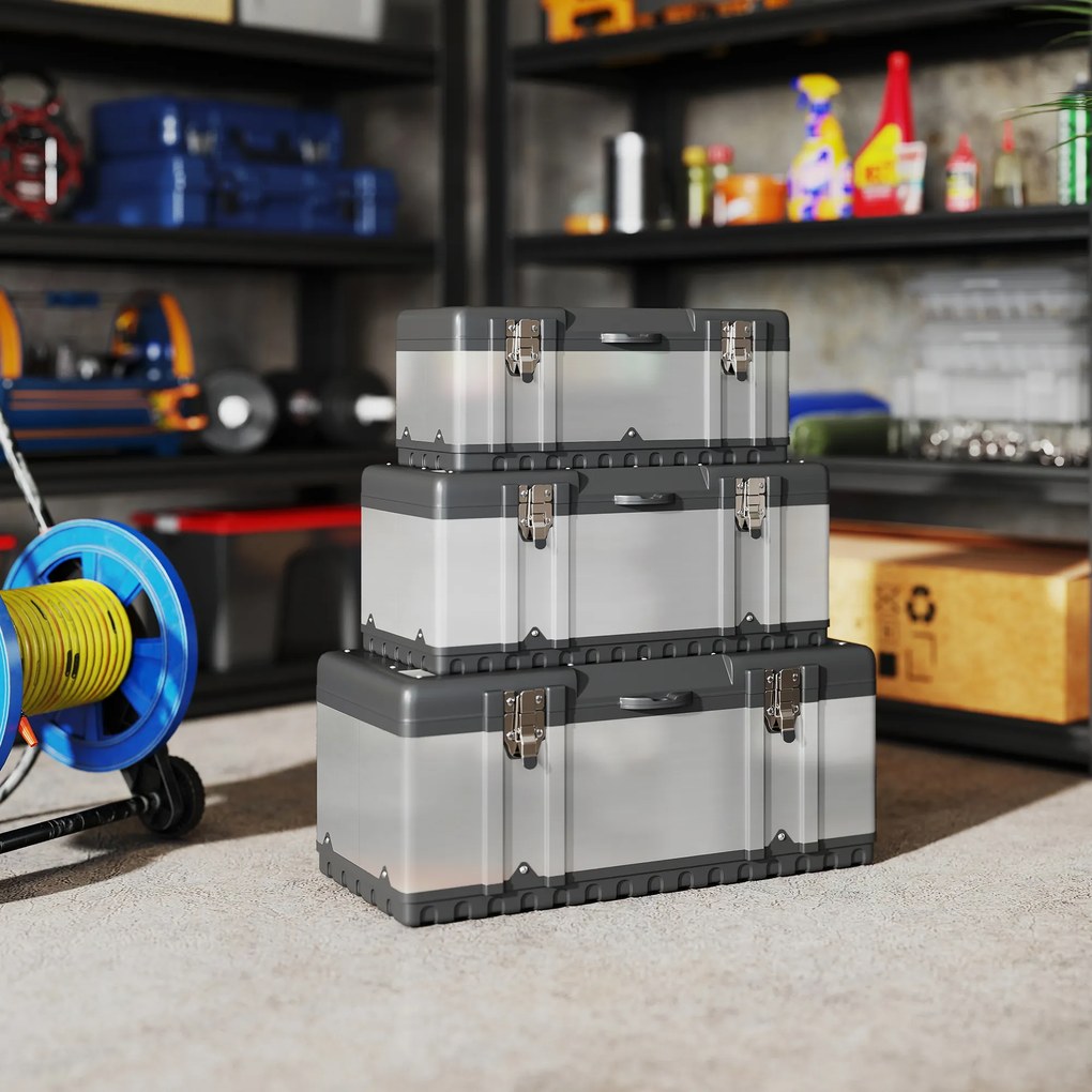 HOMCOM 3-częściowy zestaw skrzynek narzędziowych, Stal nierdzewna, Plastik, Srebrny