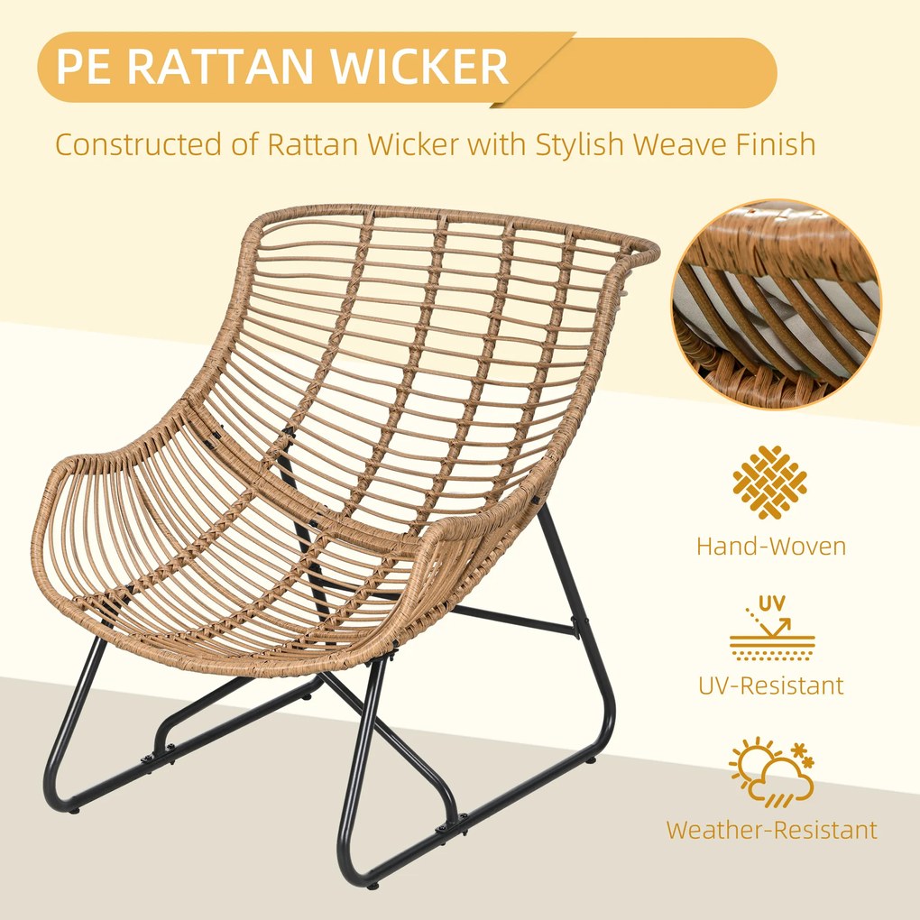 Outsunny Fotel ogrodowy, imitacja rattanu, Fotel na zewnątrz, z poduszką, Rama metalowa, 75x101x90 cm, Naturalny/Khaki/Czarny