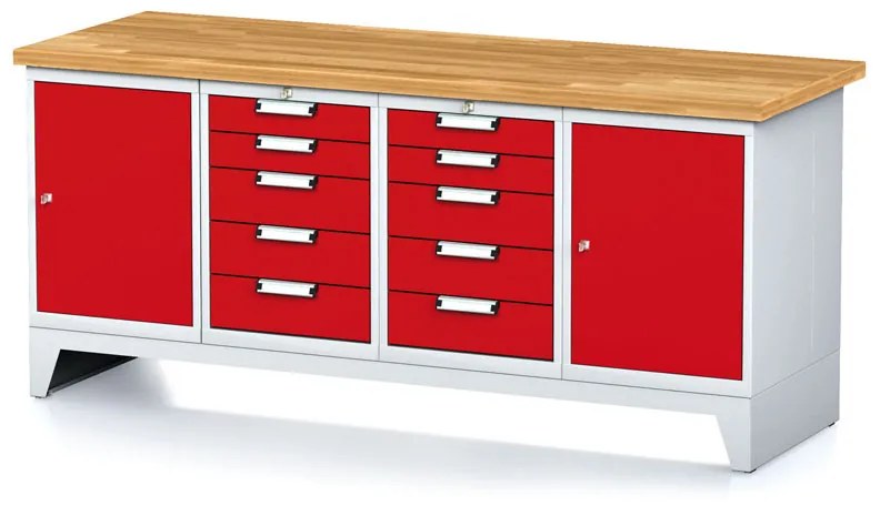Stół warsztatowy MECHANIC, 2000x685x880 mm, 2x 5 szufladowy kontener, 2x szafka, szary/czerwony