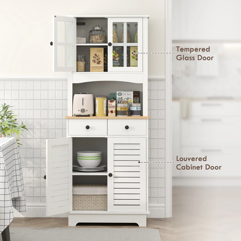 HOMCOM Kuchenna szafka z drzwiami szklanymi, 2 szuflady, szafka na naczynia, szafka do jadalni, drewno, 68 x 39,5 x 170 cm, biały