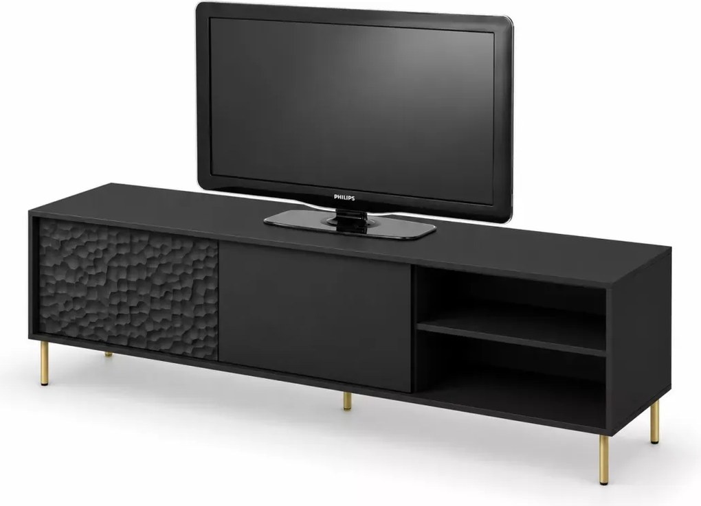 Nowoczesna szafka Pulset RTV-1 – komoda pod telewizor z frontami MDF, czarny mat, złote metalowe nogi – styl glamour