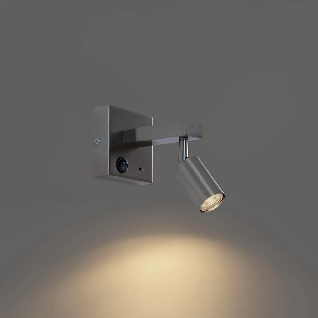 Nowoczesny stalowy kinkiet z USB-C z możliwością regulacji - Rex