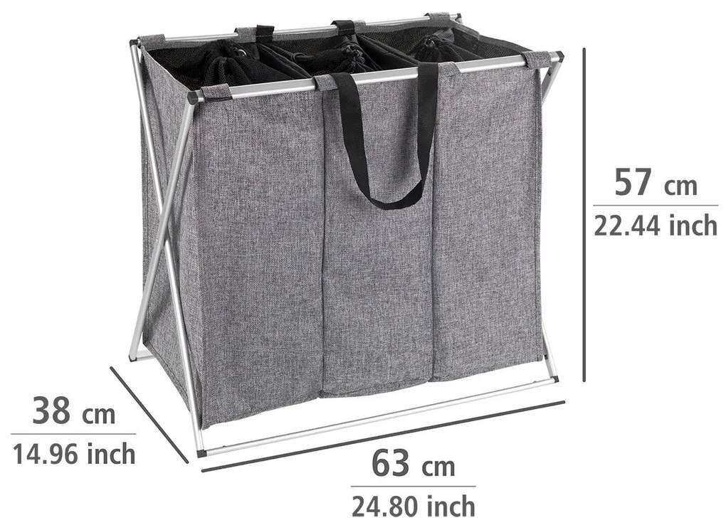 Kosz tekstylny na pranie TRIO ze stalową ramą, składany pojemnik trójdzielny na bieliznę - 130 l, 59 x 57 x 38 cm, WENKO