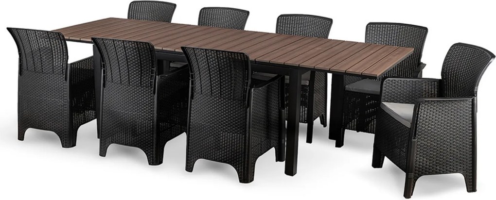 Zestaw Mebli Ogrodowych Stół ARGOS 160-260 cm Orzech/Czarny i 8x Fotel FRESNO Czarny Technorattan Nowoczesny