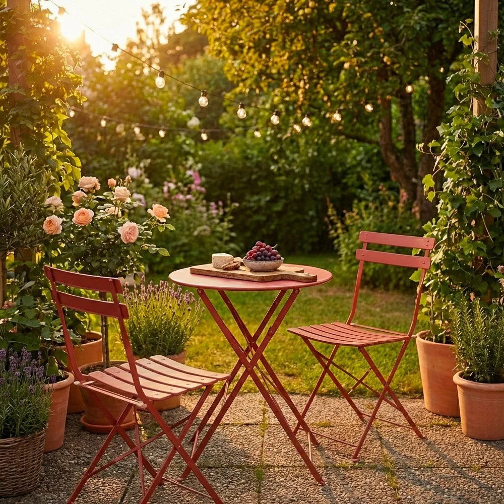 Stalowy zestaw mebli ogrodowych w kolorze terakoty dla 2 osób Austin – Bizzotto