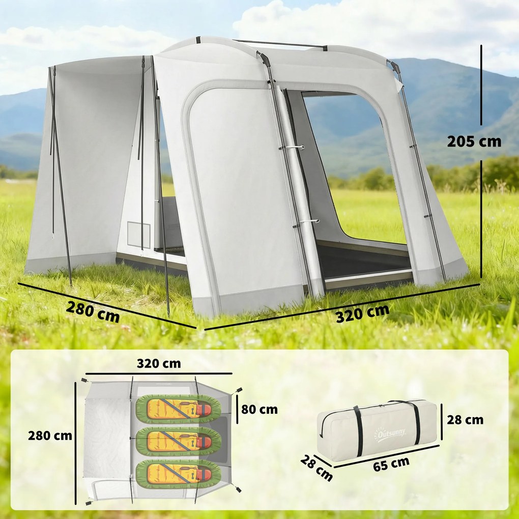 Outsunny Namiot tylny dla 2-4 osób, 320 x 280 x 205 cm, 2 w 1 wodoodporny namiot tunelowy z 4 drzwiami, oknem i podłogą | Aosom PL
