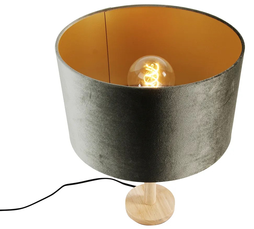 Lampa stołowa drewniana z aksamitnym abażurem zielonym 35 cm - Mels klasyczny/Antyczny Oswietlenie wewnetrzne