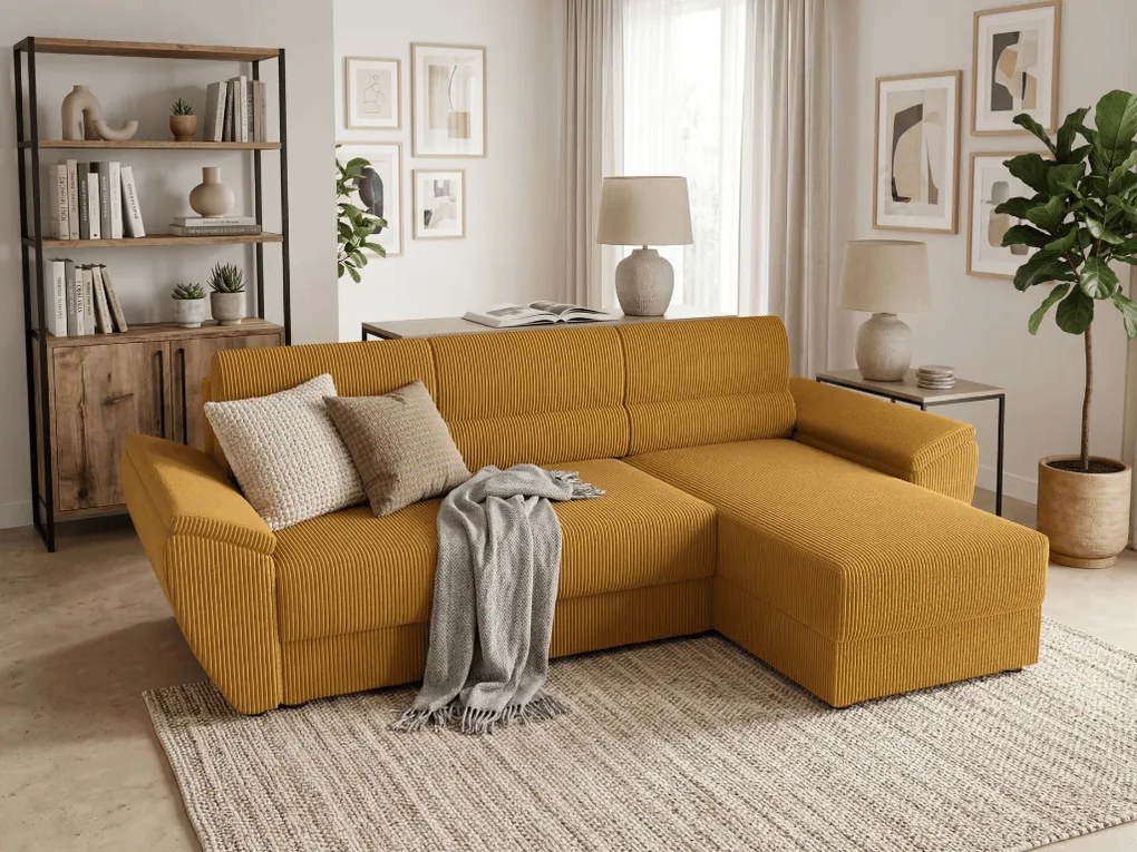 PROMOCJA Rozkładana dwustronna sofa narożna do L TAVERO 251x140 cm, musztardowa II jakość