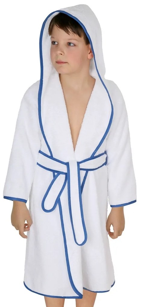 Szlafrok dziecięcy frotte biały z niebieską lamówką, 68 cm