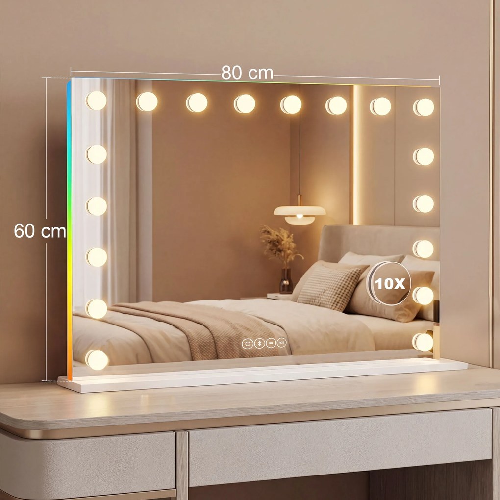 HOMCOM Hollywoodzkie lustro do makijażu z 18 regulowanymi żarówkami LED, 3 kolory, światło RGB, głośnik Bluetooth, 10-krotne powiększenie Białe | Aosom PL