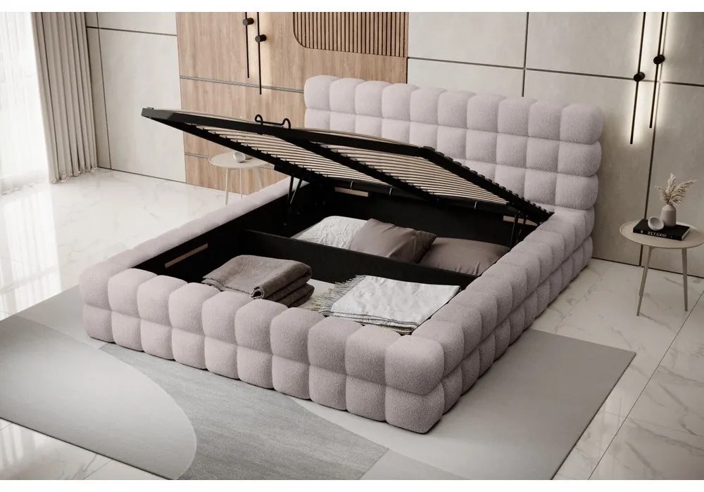 Jasnoróżowe tapicerowane łóżko dwuosobowe ze schowkiem ze stelażem 180x200 cm Dizzle – ELTAP