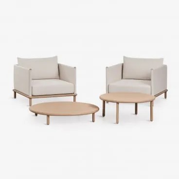 Zestaw Wypoczynkowy Z 2 Fotelami I 2 Okrągłymi Stolikami Kawowymi Z Drewna Akacjowego Olivia Jasny Akacjowy Brąz & Jasny Akacjowy Brąz - Sklum